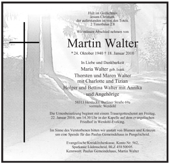 Todesanzeige von Martin Walter von WESTFÄLISCHER ANZEIGER