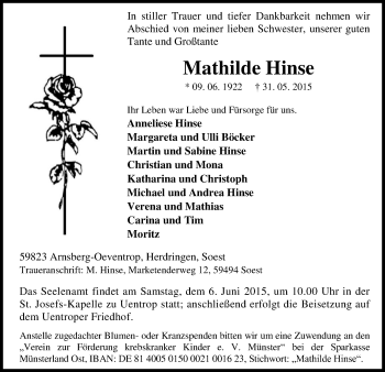 Todesanzeige von Mathilde Hinse von MZV