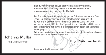 Todesanzeige von Johanna Müller von WESTFÄLISCHER ANZEIGER
