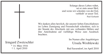 Todesanzeige von Irmgard Zwetzschler von WESTFÄLISCHER ANZEIGER