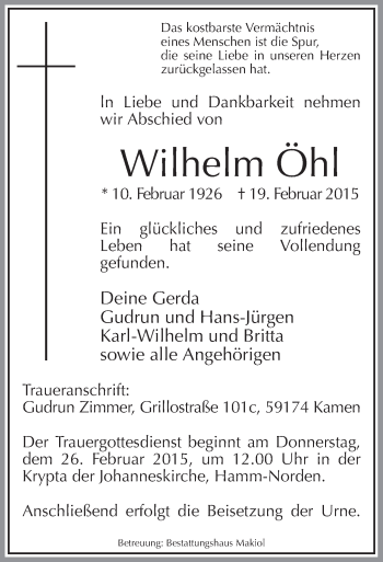 Todesanzeige von Wilhelm Öhl von MZV