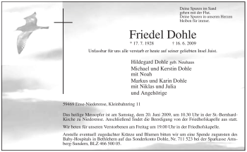Todesanzeige von Friedel Dohle von WESTFÄLISCHER ANZEIGER