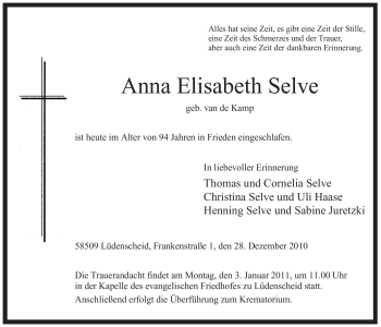 Todesanzeige von Anna Elisabeth Selve von WESTFÄLISCHER ANZEIGER