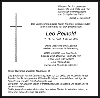 Todesanzeige von Leo Reinold von WESTFÄLISCHER ANZEIGER