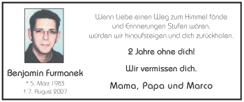 Todesanzeige von Benjamin Furmanek von WESTFÄLISCHER ANZEIGER