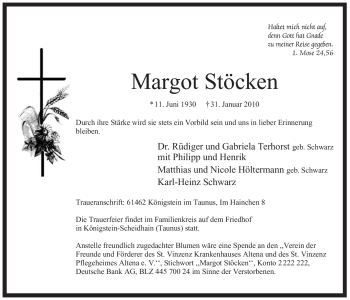 Todesanzeige von Margot Stöcken von WESTFÄLISCHER ANZEIGER
