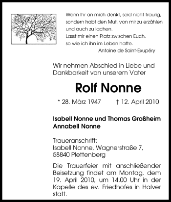 Todesanzeige von Rolf Nonne von WESTFÄLISCHER ANZEIGER