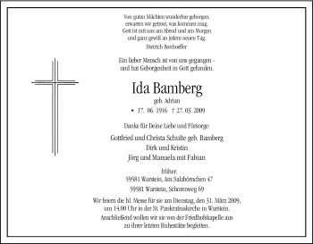 Todesanzeige von Ida Bamberg von WESTFÄLISCHER ANZEIGER