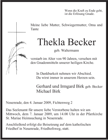 Todesanzeige von Thekla Becker von WESTFÄLISCHER ANZEIGER