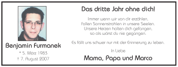 Todesanzeige von Benjamin Furmanek von WESTFÄLISCHER ANZEIGER