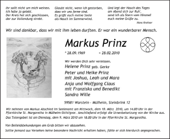 Todesanzeige von Markus Prinz von WESTFÄLISCHER ANZEIGER