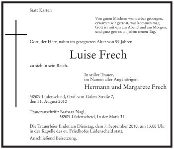 Todesanzeige von Luise Frech von WESTFÄLISCHER ANZEIGER
