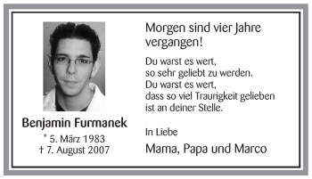 Todesanzeige von Benjamin Furmanek von WESTFÄLISCHER ANZEIGER