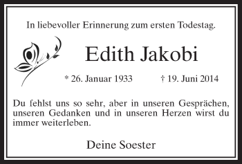 Todesanzeige von Edith Jakobi von MZV