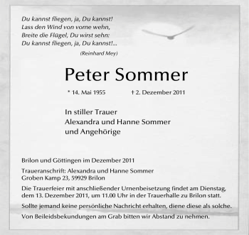 Todesanzeige von Peter Sommer von WESTFÄLISCHER ANZEIGER