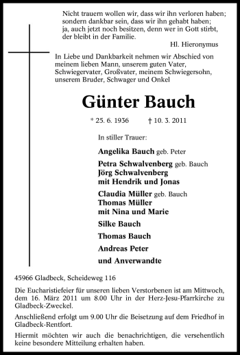 Todesanzeige von Günter Bauch von WESTFÄLISCHER ANZEIGER