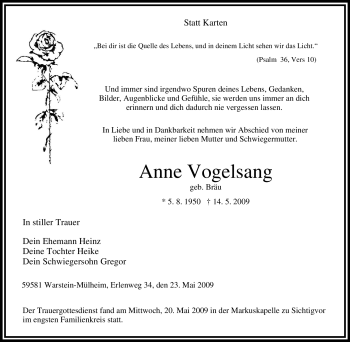 Todesanzeige von Anne Vogelsang von WESTFÄLISCHER ANZEIGER