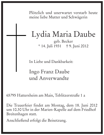 Todesanzeige von Lydia Maria Daube von WESTFÄLISCHER ANZEIGER