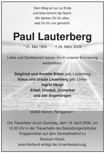 Todesanzeige von Paul Lauterberg von WESTFÄLISCHER ANZEIGER