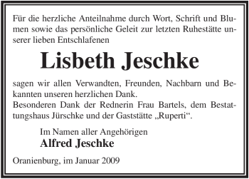 Todesanzeige von Lisbeth Jeschke von WESTFÄLISCHER ANZEIGER