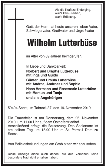 Todesanzeige von Wilhelm Lutterbüse von WESTFÄLISCHER ANZEIGER