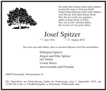 Todesanzeige von Josef Spitzer von WESTFÄLISCHER ANZEIGER