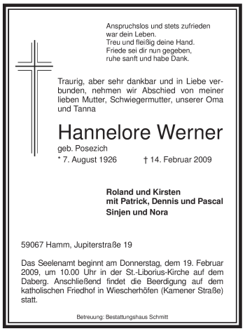 Todesanzeige von Hannelore Werner von WESTFÄLISCHER ANZEIGER