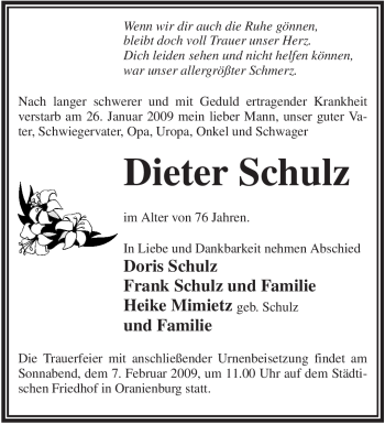 Todesanzeige von Dieter Schulz von WESTFÄLISCHER ANZEIGER