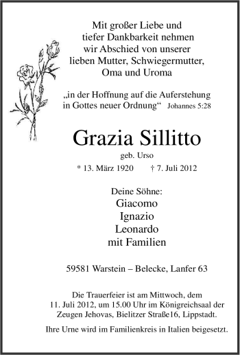 Todesanzeige von Grazia Sillitto von WESTFÄLISCHER ANZEIGER