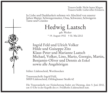Todesanzeige von Hedwig Laatsch von WESTFÄLISCHER ANZEIGER