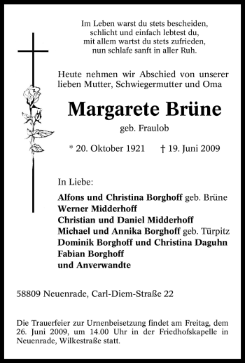 Todesanzeige von Margarete Brüne von WESTFÄLISCHER ANZEIGER