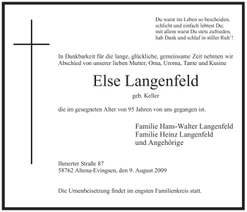 Todesanzeige von Else Langenfeld von WESTFÄLISCHER ANZEIGER