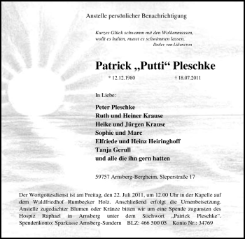 Todesanzeige von Patrick Pleschke von WESTFÄLISCHER ANZEIGER
