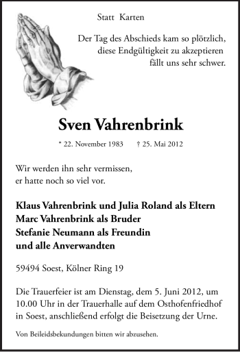 Todesanzeige von Sven Vahrenbrink von WESTFÄLISCHER ANZEIGER