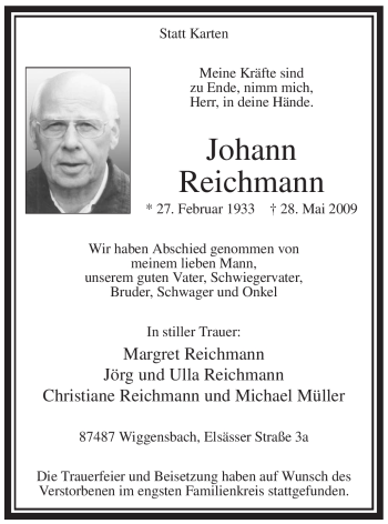 Todesanzeige von Johann Reichmann von WESTFÄLISCHER ANZEIGER