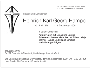 Todesanzeige von Heinrich Karl Georg Hampe von WESTFÄLISCHER ANZEIGER