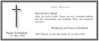 Todesanzeige von Paula Schönfeld von WESTFÄLISCHER ANZEIGER