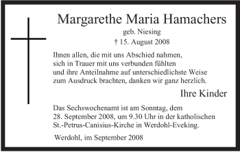 Todesanzeige von Margarethe Maria Hamachers von WESTFÄLISCHER ANZEIGER
