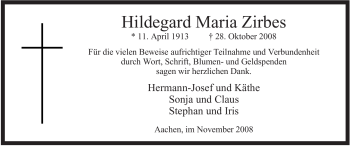 Todesanzeige von Hildegard Maria Zirbes von WESTFÄLISCHER ANZEIGER