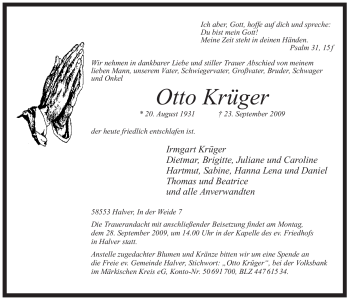 Todesanzeige von otto Krüger von WESTFÄLISCHER ANZEIGER