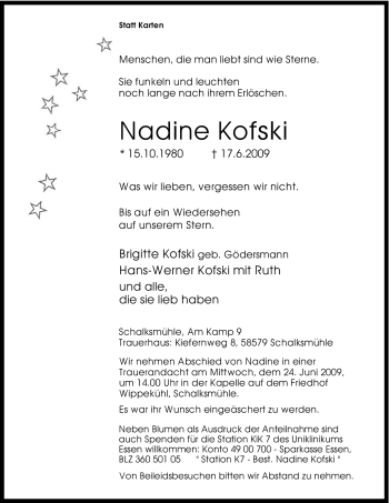 Todesanzeige von Nadine Nofski von WESTFÄLISCHER ANZEIGER