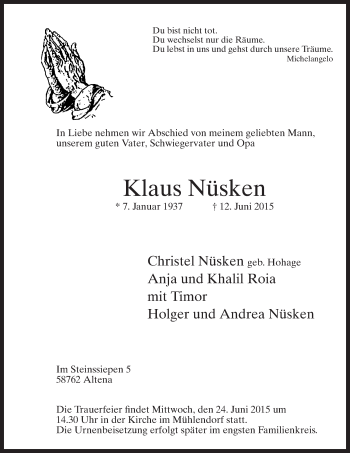Todesanzeige von Klaus Nüsken von MZV