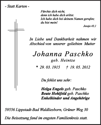 Todesanzeige von Johanna Paschko von WESTFÄLISCHER ANZEIGER