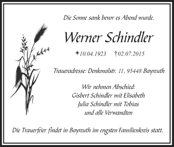 Todesanzeige von Werner Schindler von MZV