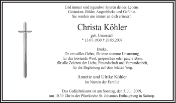 Todesanzeige von Christa Köhler von WESTFÄLISCHER ANZEIGER