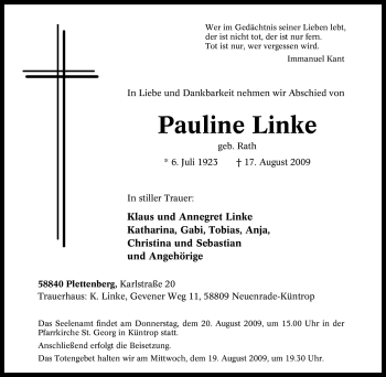 Todesanzeige von Pauline Linke von WESTFÄLISCHER ANZEIGER