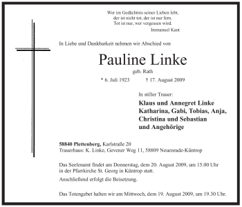 Todesanzeige von Pauline Linke von WESTFÄLISCHER ANZEIGER