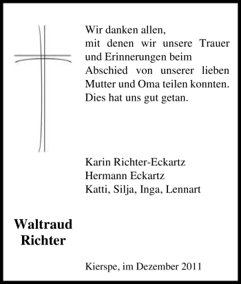 Todesanzeige von Waltraud Richter von WESTFÄLISCHER ANZEIGER