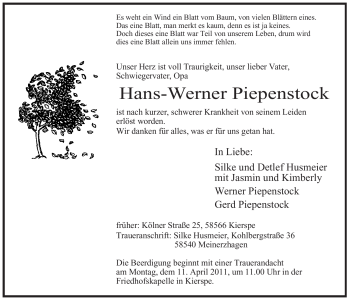 Todesanzeige von Hans-Werner Piepenstock von WESTFÄLISCHER ANZEIGER