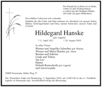 Todesanzeige von Hildegard Hanske von WESTFÄLISCHER ANZEIGER